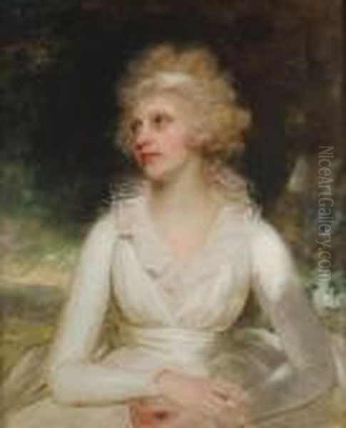 Portrait Of A Lady, Said To Be 
Mrs Daniel Raymond Barker, Half-length, In A White Dress With A Lace 
Collar Oil Painting by Sir William Beechey
