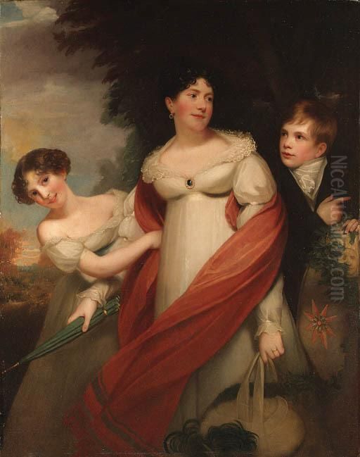 Portrait Of A Lady And Her 
Children, Traditionally Identified Asthe Duchess Of Kent And Prince 
Leiningen And Princess Feadora,three-quarter-length, The Former In A 
White Dress And Red Shawl, Ina Wooded Landscape Oil Painting by Sir William Beechey