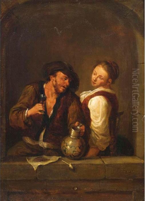 A Couple Drinking And Smoking In An Arched Window Oil Painting by Cornelis (Pietersz.) Bega