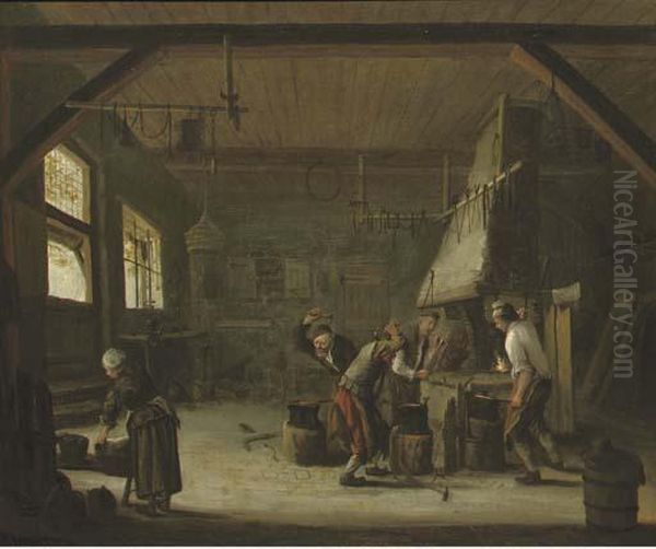 Blacksmiths In Their Workshop Oil Painting by Cornelis (Pietersz.) Bega