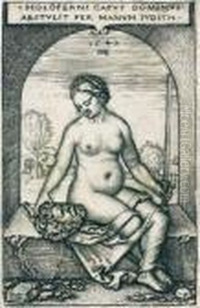 Judith Assise Sous Une Arche, 
Burin, 7,5 X 5 Cm, Coupe Au Trait Carre A Gauche Et Sur Le Coup De 
Planche Sur Trois Cotes (hollstein 13), Belle Epreuve, Trace De Pli Au 
Verso. Oil Painting by Hans Sebald Beham