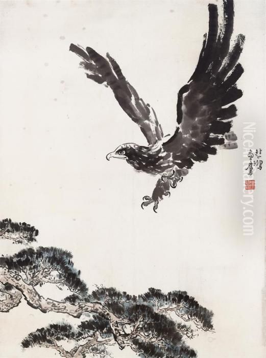 Eagle Flying Above Pine Trees Oil Painting by Xu Beihong