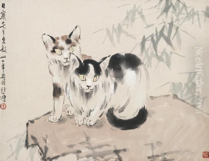 Cats On Rock Oil Painting by Xu Beihong