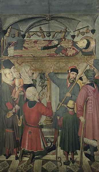 Exorcism of a possessed man beneath the Tomb of St Vincent of Saragossa from the Altarpiece of St Vincent of Saragossa Oil Painting by Jaume Huguet