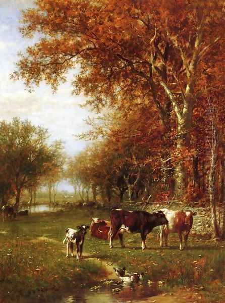 Cows before a Watering Hole Oil Painting by James McDougal Hart