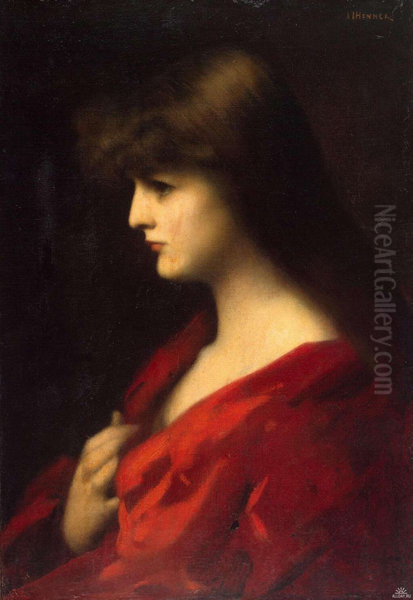 Study Of A Woman In Red Oil Painting by Jean-Jacques Henner