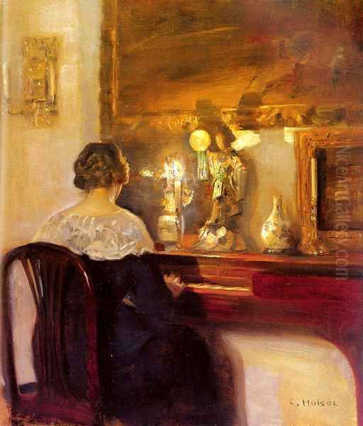 A Lady Playing the Spinet Oil Painting by Carl Vilhelm Holsoe