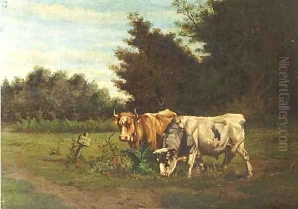 Cows grazing in a meadow Oil Painting by Johannes-Hubertus-Leonardus de Haas