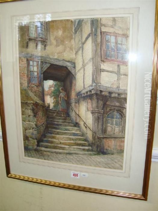 Sweeping Steps Beside Dog In Medieval House Archway Oil Painting by Frank Moss Bennett