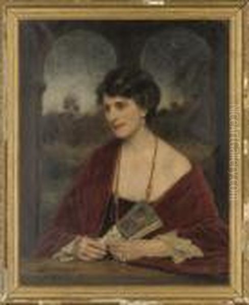 Portrait Of A Lady, Seated 
Half-length, In A Black Dress With A Crimson Velvet Coat, Holding A Fan,
 An Extensive Moonlit Landscape With A Knight On Horseback And A Castle 
Beyond Oil Painting by Frank Moss Bennett