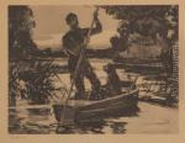 Hunter Poling Boat Oil Painting by Frank Weston Benson