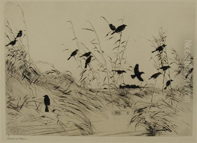 Blackbirds And Rushes Oil Painting by Frank Weston Benson
