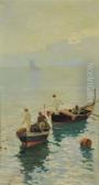 Marina Con
 Pescatori Oil Painting by Cesare Bentivoglio