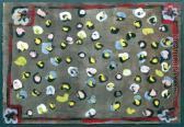 Gouache Polychrome Sur Papier 
Representant Un Projet De Tapis, Jonchee De Roses Stylisees, Fond Mauve,
 Bordure Rouge, Rehauts Noirs. Signature Manuscrite 