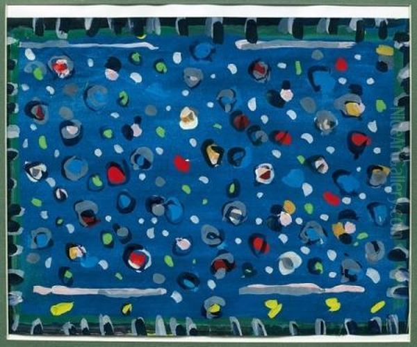 Gouache Polychrome Sur Papier 
Representant Un Projet De Tapis, Jonchee De Roses Stylisees, Fond Bleu, 
Bordure Verte, Rehauts Noirs. Signature Manuscrite 
