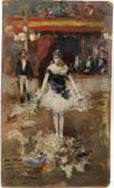 Danseuse Saluant Dans Un Cirque [
 ; Ballet Dancer In A Circus ; Oil On Cardboard Signed Lower Left] Oil Painting by Jean-Georges Beraud