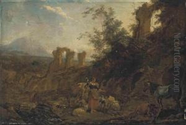 A Mountainous Landscape With A 
Shepherdess With Her Flock And Atraveller With His Horse By Classical 
Ruins Oil Painting by Nicolaes Berchem