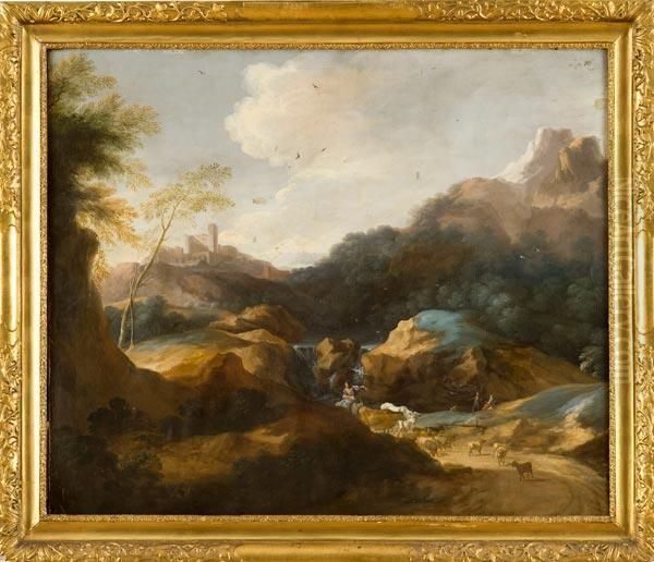 Paesaggio Fluviale Con Borgo E Pastori Oil Painting by Nicolaes Berchem