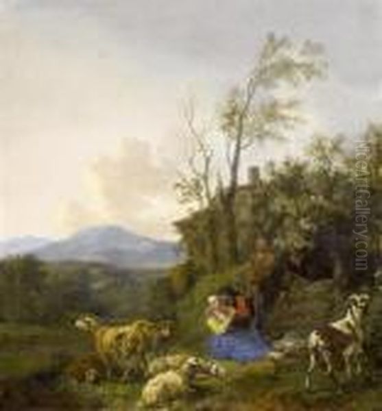 A Shepherd Couple With Sheep In A
Landscape Oil Painting by Nicolaes Berchem