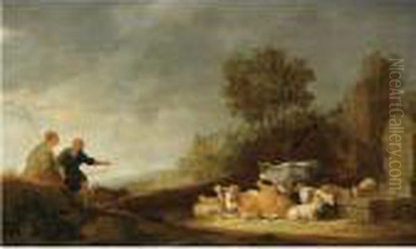A Southern Landscape With A 
Shepherd And A Shepherdess Resting Withtheir Cattle By A Watering Place Oil Painting by Nicolaes Berchem