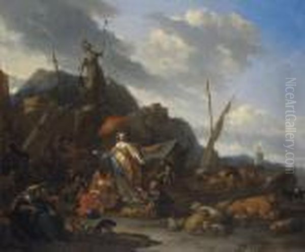 Sailors Loading Their Boats At A
 Dockside Market, With Orientalmerchants, An Elegantly-dressed Lady And A
 Statue Of Minerva, Anextensive Coastal Landscape Beyond Oil Painting by Nicolaes Berchem
