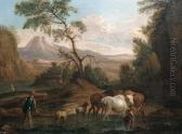 An Italianate Wooded Landscape 
With Herdsmen,cattle And Sheep Crossing A River In The Foreground Oil Painting by Nicolaes Berchem