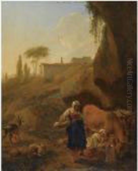 A Rocky Southern Landcape With 
Two Peasant Women With Their Flockand Cattle Halting Near A Stream Oil Painting by Nicolaes Berchem
