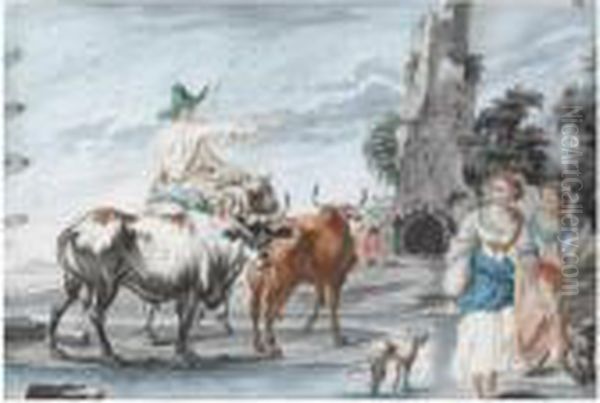 A Southern River Landscape With A
 Shepherd And His Cattle Andpeasants Crossing A Stream, A Ruin In The 
Background Oil Painting by Nicolaes Berchem