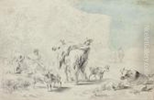 Bergers Et Leurs Troupeaux Sous Les Arbres
 Crayon Noir Et Aquarelle Oil Painting by Nicolaes Berchem