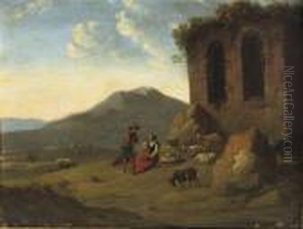An Italianate Landscape With A 
Goatherd Conversing With A Peasant Woman Near Ancient Ruins Oil Painting by Nicolaes Berchem