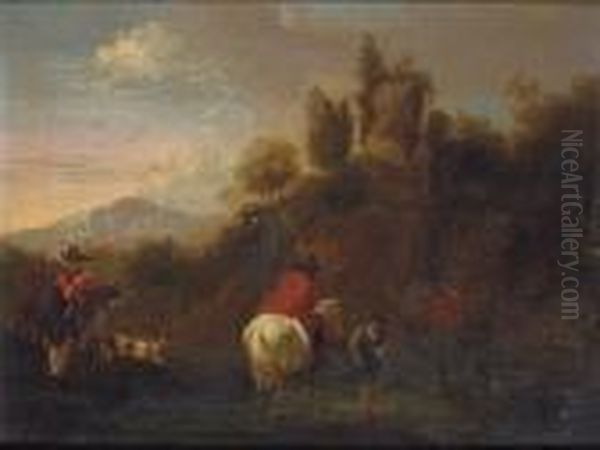 A Wooded Mountainous Landscape 
With Cattle, Sheep And Goats In The Foreground, Classical Ruins Beyond Oil Painting by Nicolaes Berchem