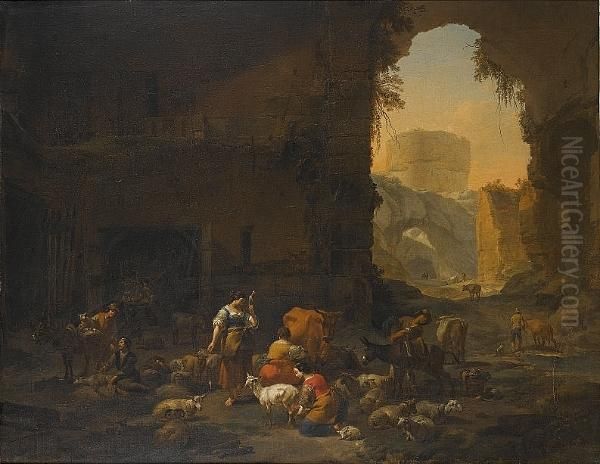 Milkmaids And Shepherds With 
Their Flock At The Mouth Of A Grotto, A Drover Watering His Cattle 
Beyond Oil Painting by Nicolaes Berchem
