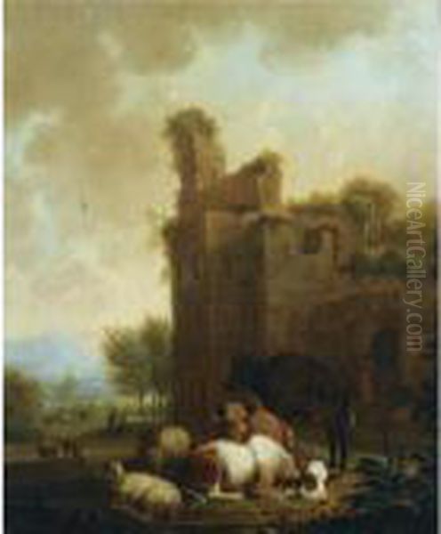 A Shepherd And A Shepherdess 
Milking A Cow Together With Their Sheep In An Italianate Landscape Oil Painting by Nicolaes Berchem