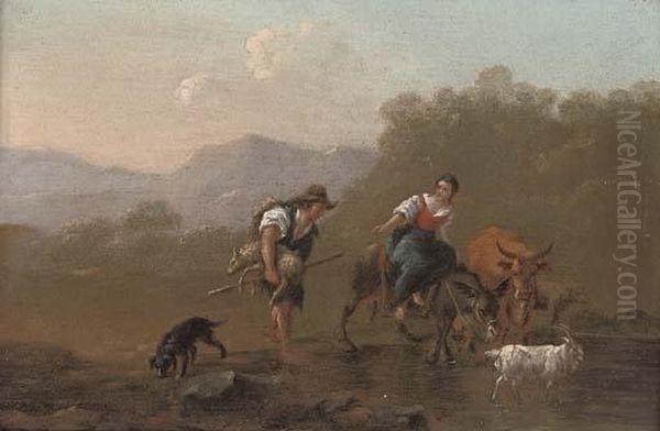 A Drover And A Shepherdess 
Fording A River; And A River Landscape With A Drover And His Family At 
Rest On A Bank Oil Painting by Nicolaes Berchem