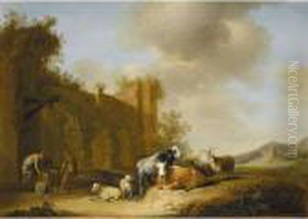 Goats Cows And Sheep In A 
Landscape With Three Men Working At A Well 
Nearby Oil Painting by Nicolaes Berchem