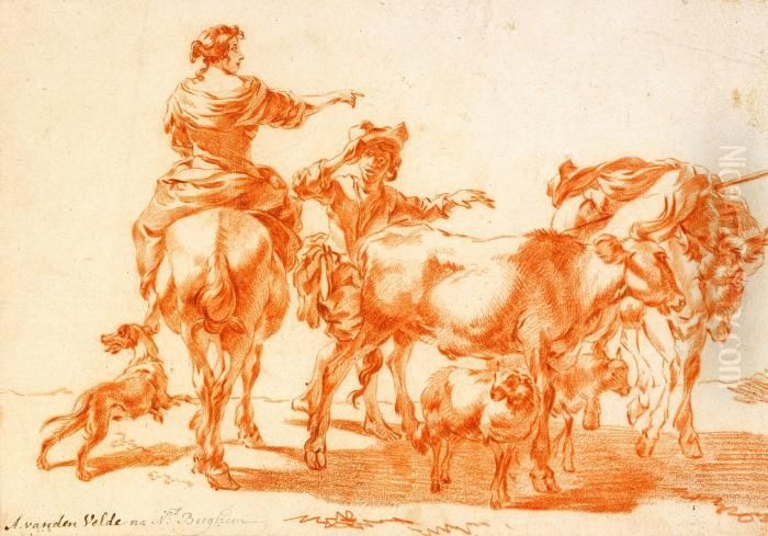 Pastoral Scen Med Bondfolk Och Boskap Oil Painting by Nicolaes Berchem