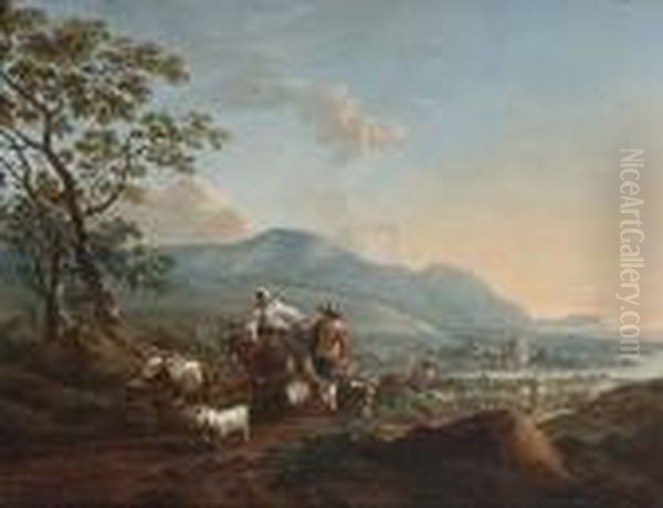 River Landscape With Shepherds 
Driving Their Herd In The Foreground Oil Painting by Nicolaes Berchem