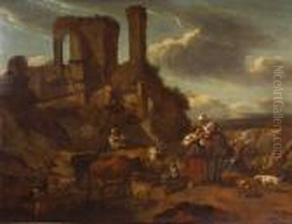 Paesaggio Laziale Con Rovine,
Pastori Ed Armenti Oil Painting by Nicolaes Berchem
