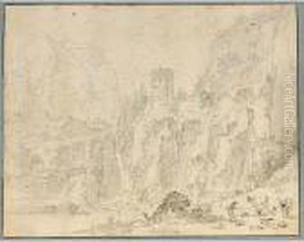 A Mountainous Landscape With A 
Bridge And A Tower On The Hill, A Herdsman And His Cattle In The 
Foreground Oil Painting by Nicolaes Berchem