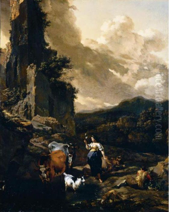 An Italianate Landscape With 
Animals, A Shepherd And A Peasant Woman Holding A Distaff By Ruins Oil Painting by Nicolaes Berchem