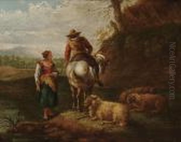 A Shepherd And Shepherdess With 
Their Flock In A Landscape; A Drover Resting Beside A Stream Oil Painting by Nicolaes Berchem