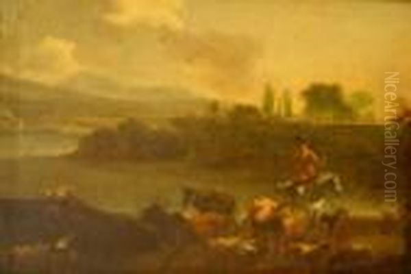 Paesaggio Fluviale
Con Pastore A Cavallo E Armenti Oil Painting by Nicolaes Berchem