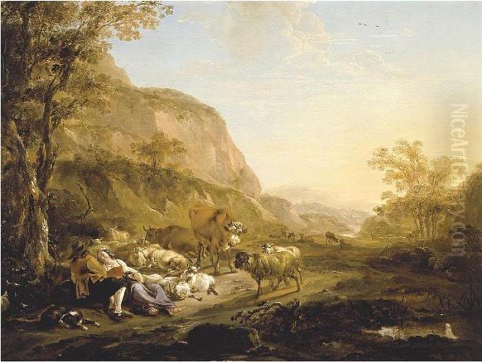 An Evening Landscape With A 
Couple Resting Below A Tree Surrounded By Cattle, Goats And Sheep Oil Painting by Nicolaes Berchem