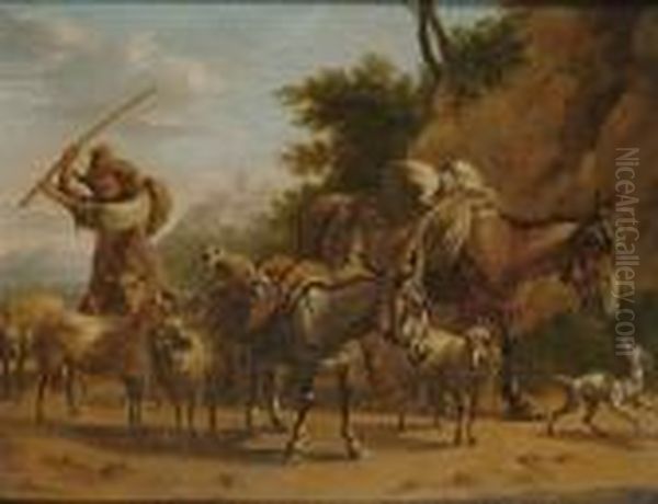 A Drover With Donkeys And Sheep Oil Painting by Nicolaes Berchem