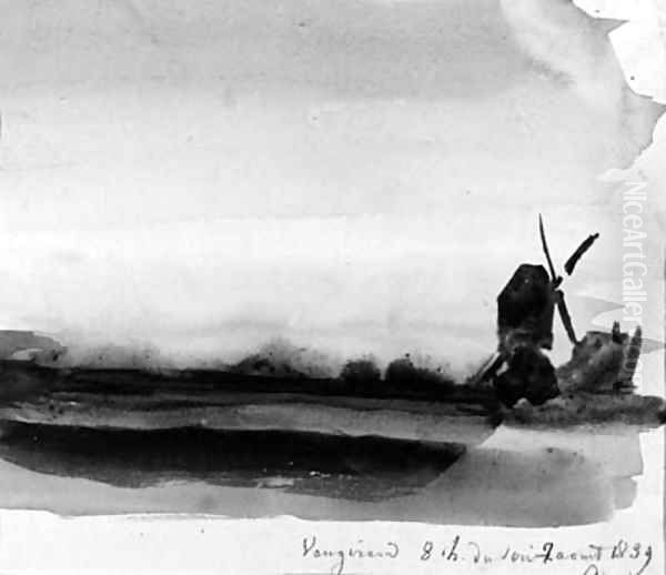 Sunset on Vaugirard, a windmill on the right Oil Painting by Paul Huet