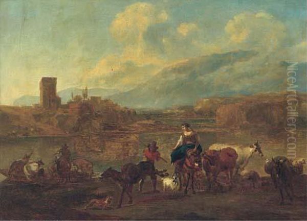 An Italianate Landscape With 
Cattle, Drovers And Travellerscrossing A Ford, A Village Beyond Oil Painting by Nicolaes Berchem
