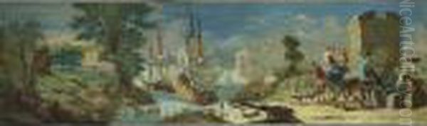 A Mediterranean Coastal Scene 
With Ships Unloading Their Goods And Travellers Watering Their Horses In
 The Foreground Oil Painting by Nicolaes Berchem