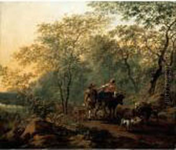 An Italianate Landscape With A 
Lady Riding An Ox And A Drover Walking Beside With His Animals Oil Painting by Nicolaes Berchem