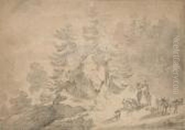 A Wooded Hillside Landscape 
Scene With A Traveller Conversing With A Woman On A Donkey, Cattle And 
Sheep In The Foreground Oil Painting by Nicolaes Berchem