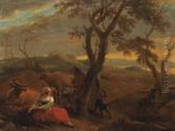 A Peasantwoman Resting At The Foot Of A Tree In An Italianatelandscape Oil Painting by Nicolaes Berchem
